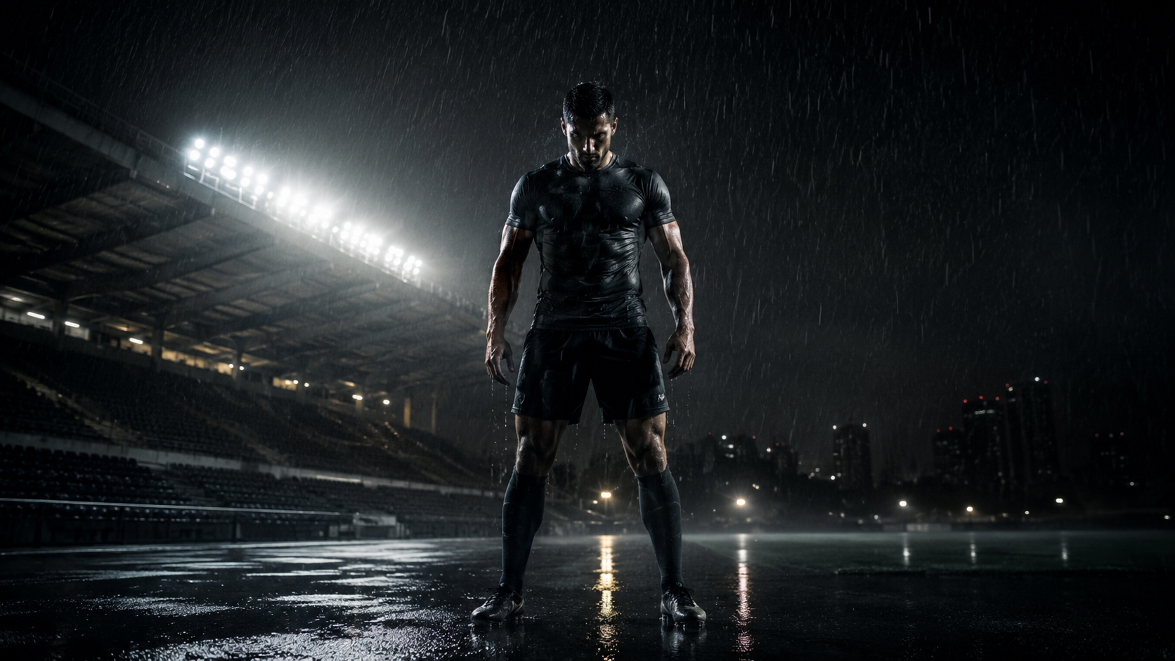 雨のスタジアムライトの下に立つスポーツマン。作品世界と広告提携の方向性を示すイメージ。